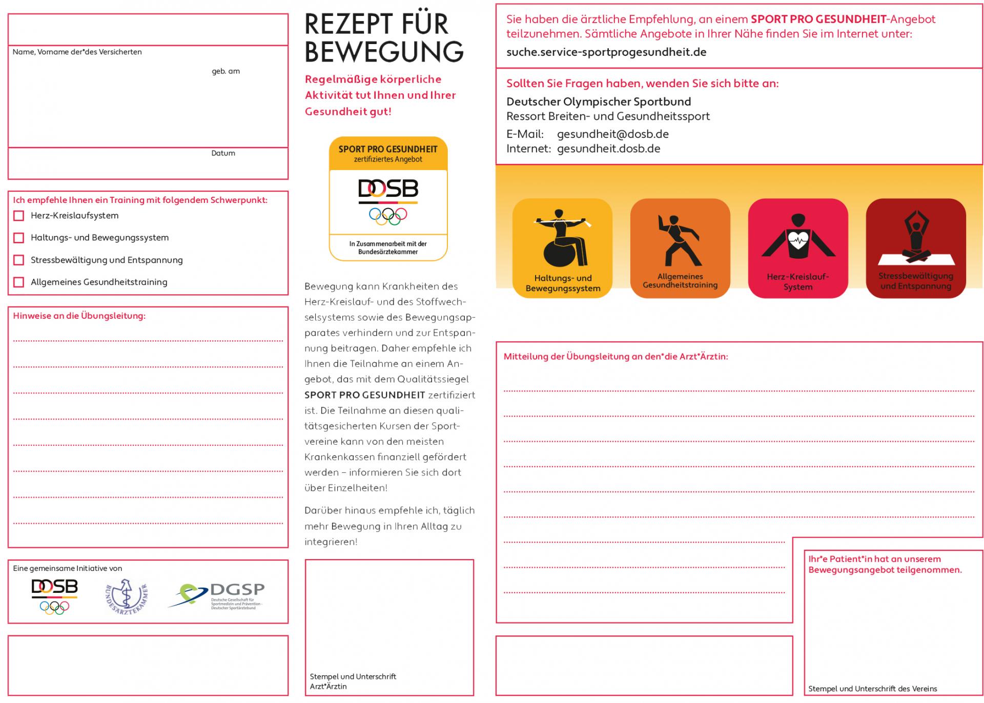 Vorlage des "Rezepts für Bewegung" Vorlage "Rezept für Bewegung"